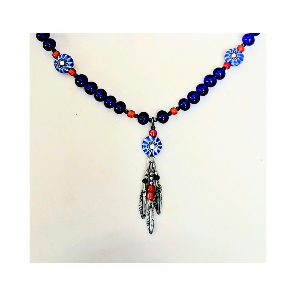 N.A. Style Sterling Silver Cobalt Blue Beaded Feather Pendant Necklace 23.5"